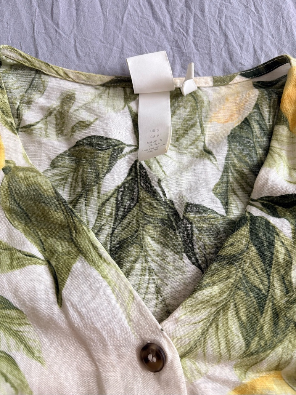 H&M White Linen-Blend Lemon Print Button-Front Dress - Picture 2 of 3